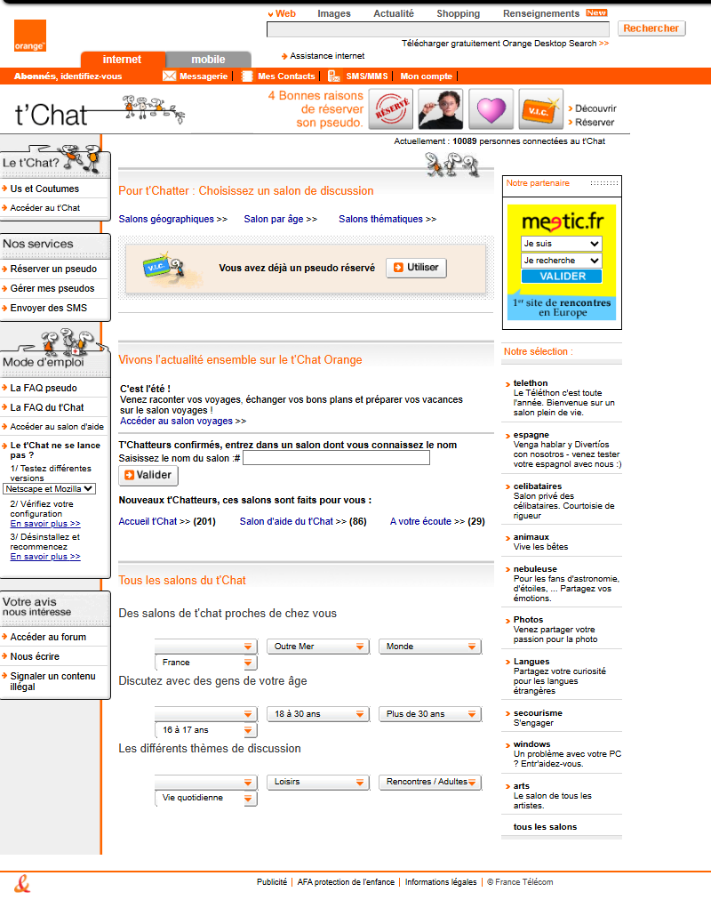 Page du tChat Orange entre 2006 et 2008