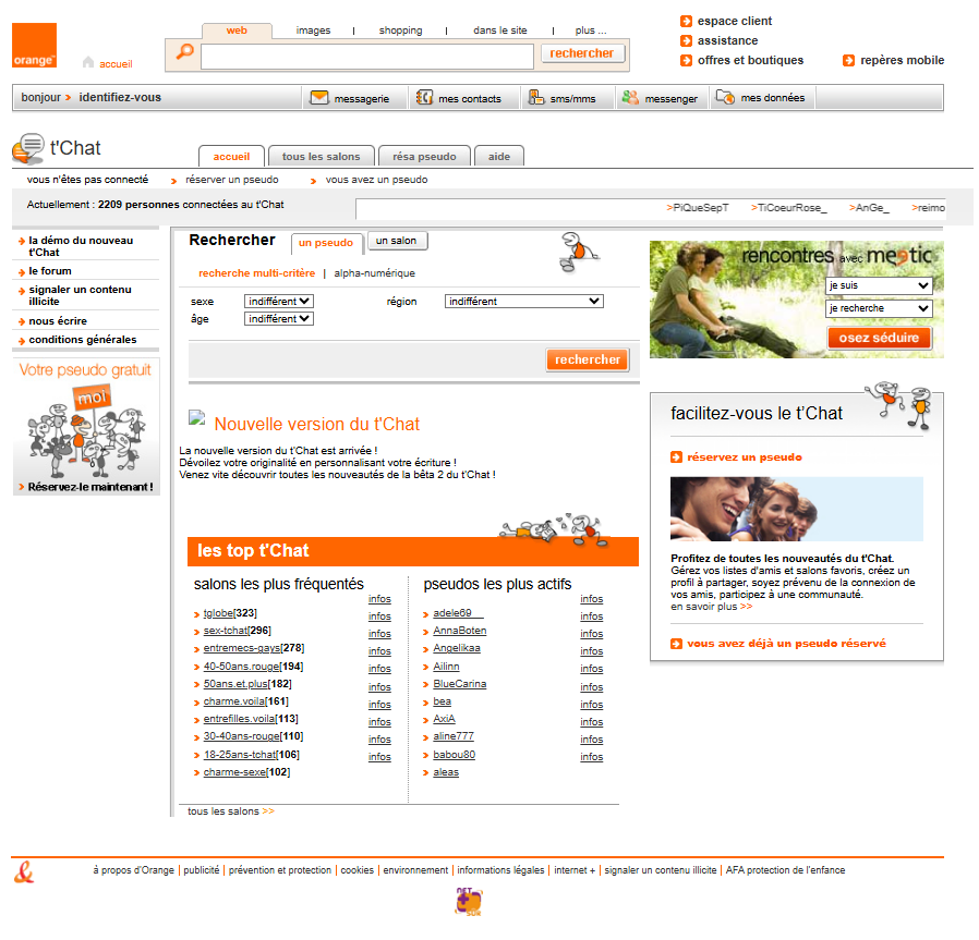 Page du tChat Orange entre 2008 et 2013