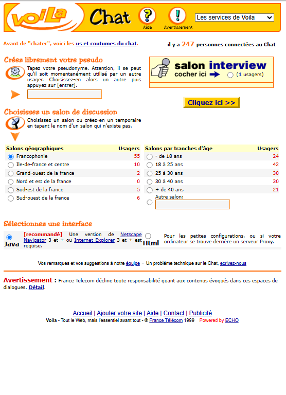 Accueil du Chat Voilà entre 1999 et 2001