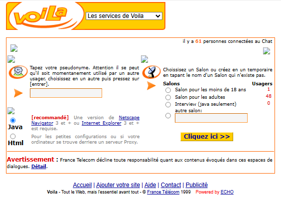 Accueil du Chat Voilà en 1999