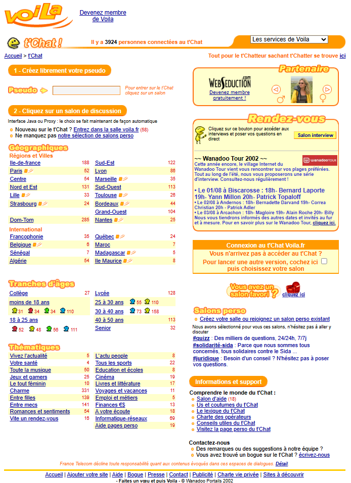 Page d’accueil du tChat Voilà en 2002